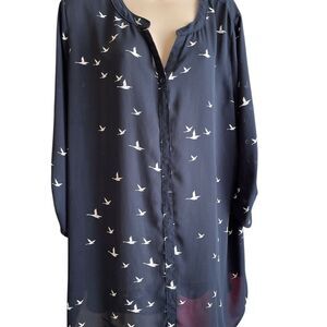 Catherines Navy and White Bird Pattern Blouse long Bottoms Sleeve sheer Fabric